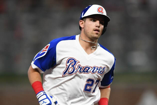 Atlanta Braves' Austin Riley runs bases during his home run in the fifth inning of a baseball game against the Cincinnati Reds, Friday, Aug. 2, 2019, in Atlanta. (AP Photo/John Amis)