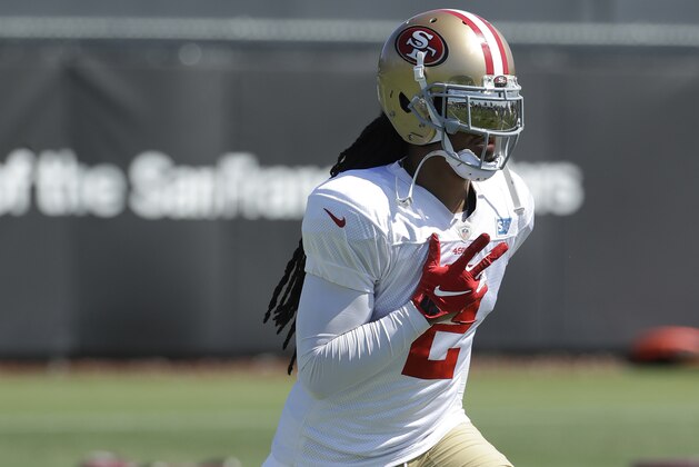 San Francisco 49ers' Jason Verrett jogs at the team's NFL football training camp in Santa Clara, Calif., Monday, July 29, 2019. (AP Photo/Jeff Chiu)