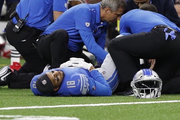 Detroit Lions wide receiver Jermaine Kearse (18) is examined on the field during the first half of a preseason NFL football game against the New England Patriots, Thursday, Aug. 8, 2019, in Detroit. (AP Photo/Carlos Osorio)