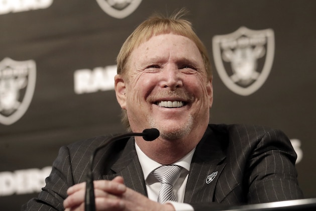 Oakland Raiders owner Mark Davis smiles at at a news conference introducing Mike Mayock as the team's general manager at the team's headquarters in Oakland, Calif., Monday, Dec. 31, 2018. (AP Photo/Jeff Chiu)