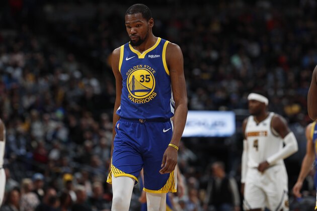 Golden State Warriors forward Kevin Durant (35) in the second half of an NBA basketball game Tuesday, Jan. 15, 2019, in Denver. The Warriors won 142-111. (AP Photo/David Zalubowski)