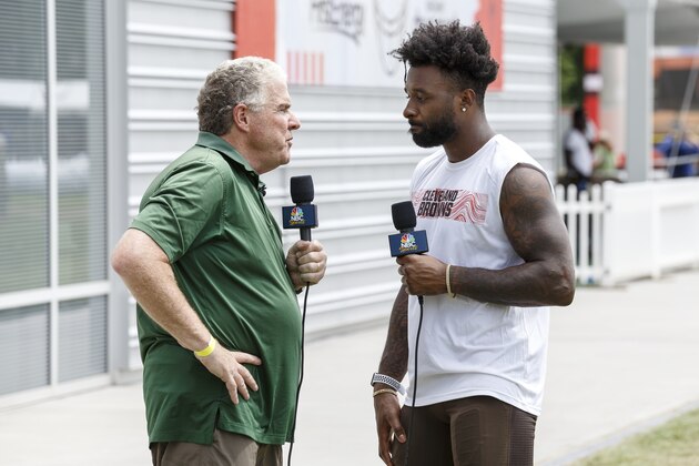 BEREA, OH - AUGUST 6: Football Morning in America NBC Reporter Peter King interview Wide Reciever Jarvis Landry #80 after the Cleveland Browns Training Camp on August 6, 2019 at the Cleveland Browns Training Facility in Berea, Ohio. (Photo by Don Juan Moore/Getty Images)