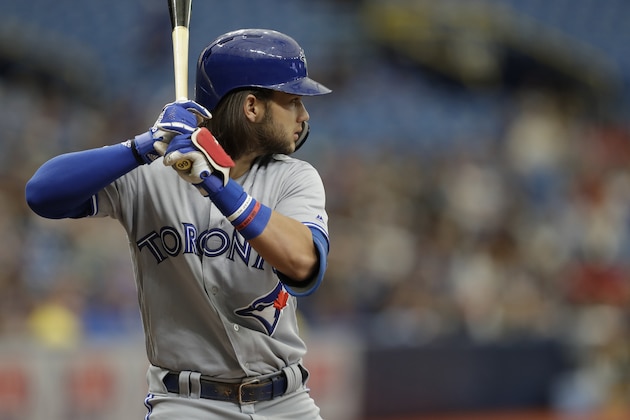 Toronto Blue Jays' Bo Bichette during the first inning of a baseball game against the Tampa Bay Rays Wednesday, Aug. 7, 2019, in St. Petersburg, Fla. (AP Photo/Chris O'Meara)