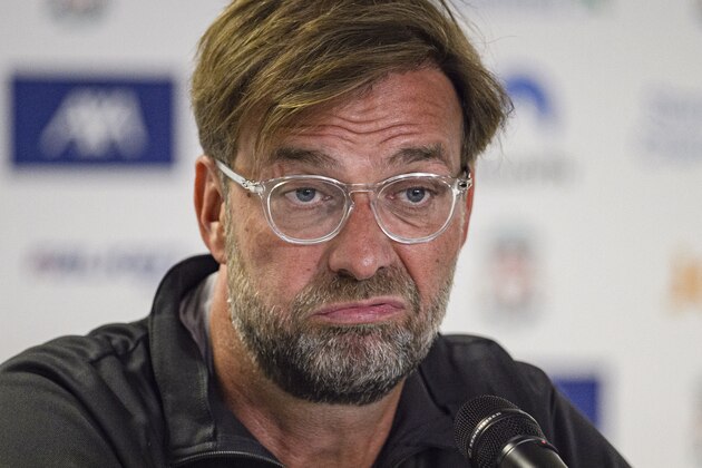 GENEVA, SWITZERLAND - JULY 31: Jurgen Klopp Liverpool Head Coach talks at press conference room during the Pre-Season Friendly match between Liverpool FC and Olympique Lyonnais at Stade de Geneve on July 31, 2019 in Geneva, Switzerland. (Photo by Eurasia Sport Images/Getty Images)