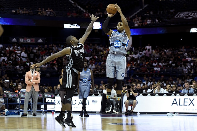 CHICAGO, ILLINOIS - AUGUST 03:  Corey Maggette #50 of the Power attempts a shot while being guarded by Frank Robinson #5 of the Enemies in the second half during week seven of the BIG3 three on three basketball league at Allstate Arena on August 03, 2019 in Chicago, Illinois. (Photo by Stacy Revere/BIG3 via Getty Images)