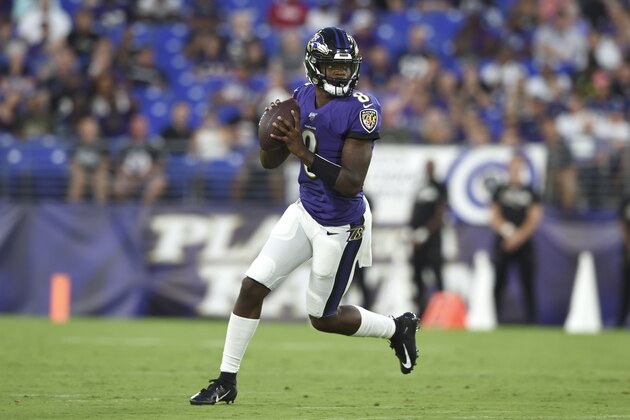 Baltimore Ravens quarterback Lamar Jackson looks to pass against the Jacksonville Jaguars during the first half of an NFL football preseason game Thursday, Aug. 8, 2019, in Baltimore. (AP Photo/Gail Burton)