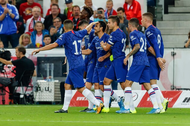 SALZBURG, AUSTRIA - JULY 31: Pedro Rodriguez Ledesma of FC Chelsea celebrates after scoring his team's fourth goal with team mates during the pre-season friendly match between RB Salzburg and FC Chelsea at Red Bull Arena on July 31, 2019 in Salzburg, Austria. (Photo by TF-Images/Getty Images)