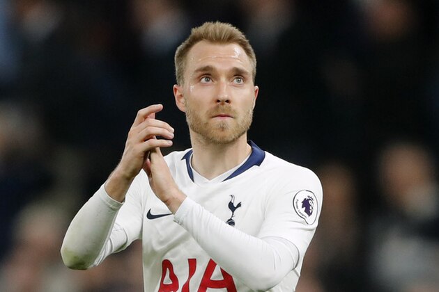Tottenham's Christian Eriksen greets fans after the English Premier League soccer match between Tottenham Hotspur and Brighton & Hove Albion at Tottenham Hotspur stadium in London, Tuesday, April 23, 2019.(AP Photo/Frank Augstein)