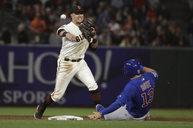 San Francisco Giants second baseman Joe Panik, left, throws to first base after forcing Chicago Cubs' David Bote (13) at second base on a double play hit by Addison Russell during the ninth inning of a baseball game in San Francisco, Tuesday, July 23, 2019. (AP Photo/Jeff Chiu)