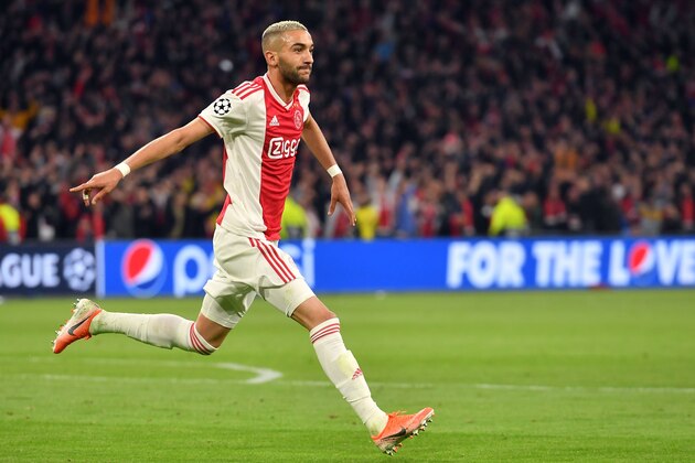 Ajax's Moroccan midfielder Hakim Ziyech celebrates after scoring the second goal during the UEFA Champions League semi-final second leg football match between Ajax Amsterdam and Tottenham Hotspur at the Johan Cruyff Arena, in Amsterdam, on May 8, 2019. (Photo by EMMANUEL DUNAND / AFP)        (Photo credit should read EMMANUEL DUNAND/AFP/Getty Images)