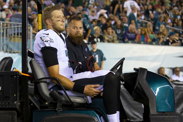 PHILADELPHIA, PA - AUGUST 08: Nate Sudfeld #7 of the Philadelphia Eagles is taken off the field at halftime after being injuried in the second quarter during a preseason game against the Tennessee Titans at Lincoln Financial Field on August 8, 2019 in Philadelphia, Pennsylvania. The Titans defeated the Eagles 27-10. (Photo by Mitchell Leff/Getty Images)
