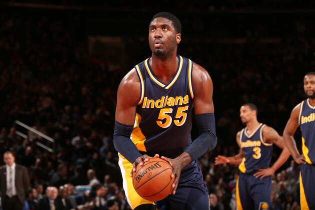 NEW YORK, NY - APRIL 8:  Roy Hibbert #55 of the Indiana Pacers prepares to shoot a free throw against the New York Knicks on April 8, 2015 at Madison Square Garden in New York City.  NOTE TO USER: User expressly acknowledges and agrees that, by downloading and or using this Photograph, user is consenting to the terms and conditions of the Getty Images License Agreement. Mandatory Copyright Notice: Copyright 2015 NBAE (Photo by Ned Dishman/NBAE via Getty Images)