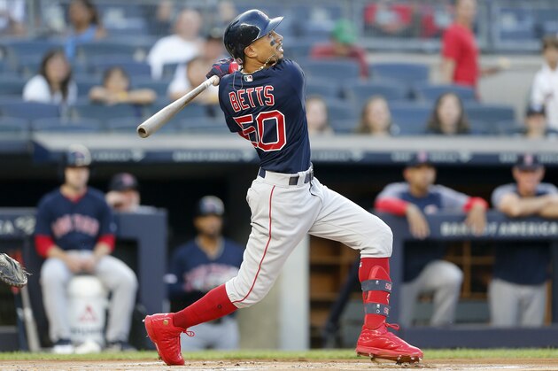 NEW YORK, NEW YORK - AUGUST 02:   Mookie Betts #50 of the Boston Red Sox in action against the New York Yankees at Yankee Stadium on August 02, 2019 in New York City. The Yankees defeated the Red Sox 4-2. (Photo by Jim McIsaac/Getty Images)