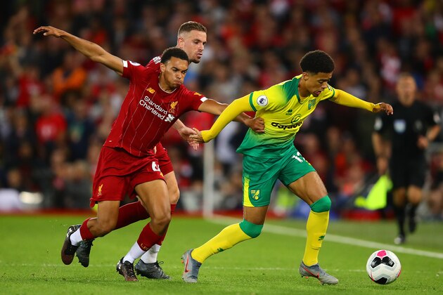 LIVERPOOL, ENGLAND - AUGUST 09: Trent Alexander-Arnold of Liverpool in action with Jamal Lewis of Norwich City during the Premier League match between Liverpool FC and Norwich City at Anfield on August 09, 2019 in Liverpool, United Kingdom. (Photo by Chris Brunskill/Fantasista/Getty Images)