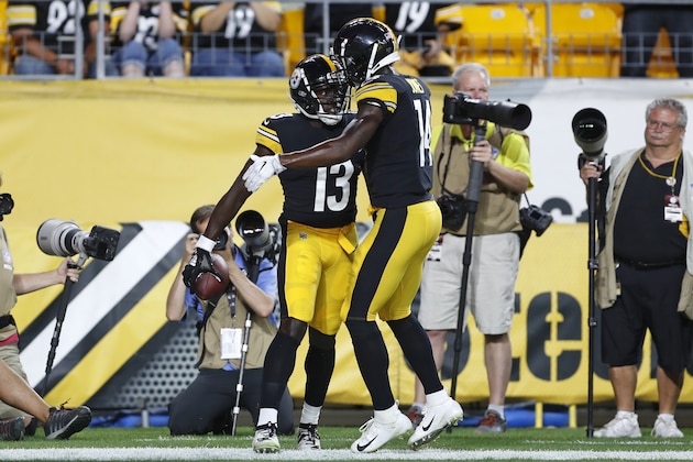Pittsburgh Steelers wide receiver James Washington (13) celebrates his touchdown with wide receiver Tevin Jones (14) during the first half of an NFL football game in Pittsburgh, Friday, Aug. 9, 2019. (AP Photo/Keith Srakocic)