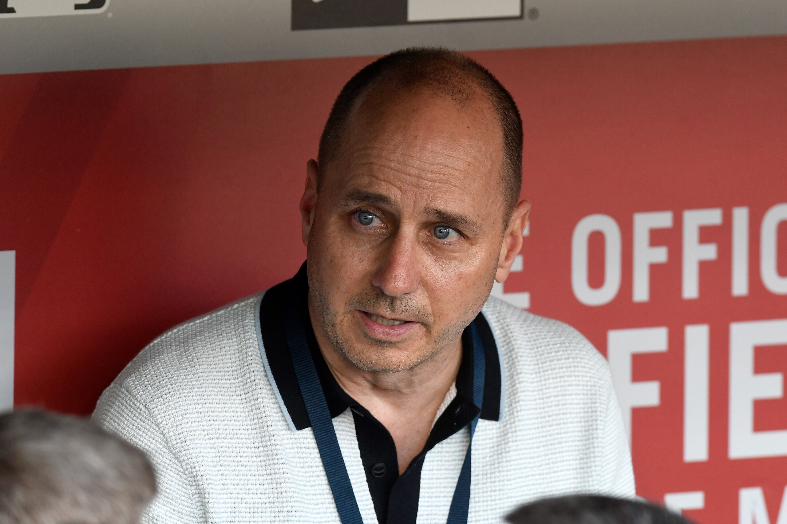 WASHINGTON, DC - MAY 15:  General Manager Brian Cashman of the New York Yankees talks to the media before the game against the Washington Nationals at Nationals Park on May 15, 2018 in Washington, DC.  (Photo by G Fiume/Getty Images)