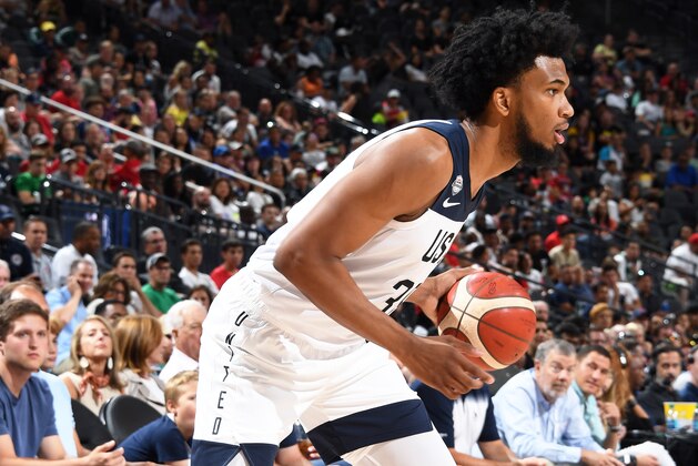 LAS VEGAS, NV - AUGUST 9: Marvin Bagley III #38 of USAB White handles the ball during the USAB scrimmage on August 9, 2019 at the T-Mobile Arena in Las Vegas Nevada. NOTE TO USER: User expressly acknowledges and agrees that, by downloading and/or using this Photograph, user is consenting to the terms and conditions of the Getty Images License Agreement. Mandatory Copyright Notice: Copyright 2019 NBAE (Photo by Andrew D. Bernstein/NBAE via Getty Images)