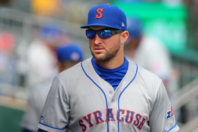 ALLENTOWN, PA - MAY 02: Tim Tebow #15 of the Syracuse Mets in action during a AAA minor league baseball game against the Lehigh Valley Iron Pigs on May 1, 2019 at Coca Cola Park in Allentown, Pennsylvania. (Photo by Rich Schultz/Getty Images)