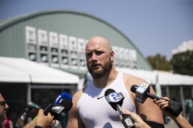 Philadelphia Eagles offensive tackle Lane Johnson speaks with members of the media at the NFL football team's training camp in Philadelphia, Tuesday, July 30, 2019. (AP Photo/Matt Rourke)