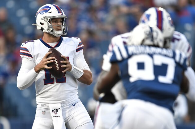 Buffalo Bills quarterback Josh Allen looks to throw during the first half of an NFL pre-season football game against the Indianapolis Colts, Thursday, Aug. 8, 2019, in Orchard Park, N.Y. (AP Photo/Adrian Kraus)