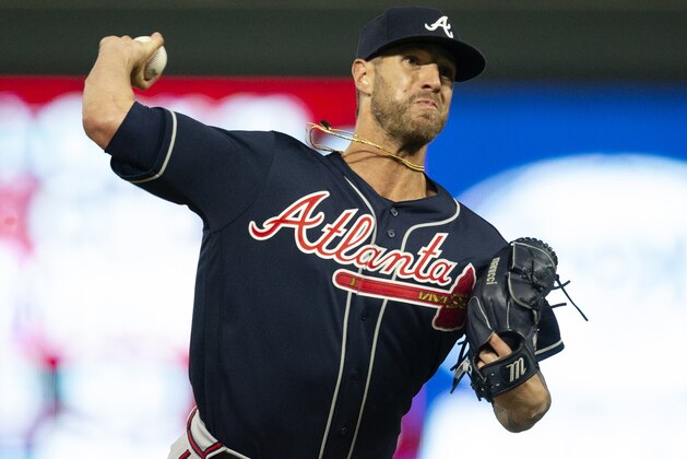 Atlanta Braves pitcher Shane Greene throws to a Minnesota Twins batter during the ninth inning of a baseball game Tuesday, Aug. 6, 2019, in Minneapolis. The Braves won 12-7. (AP Photo/Andy Clayton- King)