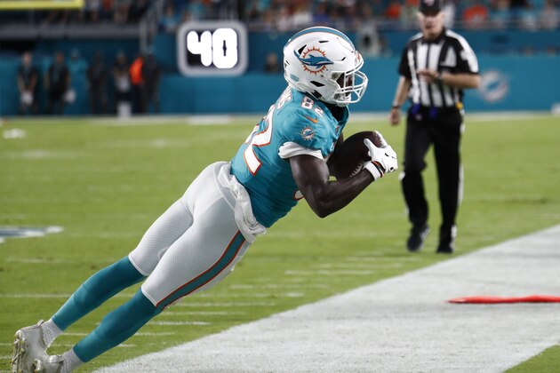 Miami Dolphins wide receiver Preston Williams catches a pass during the first half of the team'ss preseason NFL football game against the Atlanta Falcons, Thursday, Aug. 8, 2019, in Miami Gardens, Fla. (AP Photo/Brynn Anderson)