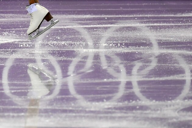 TOPSHOT - Close up of USA's Mirai Nagasu skate as she competes in the women's single skating free skating of the figure skating event during the Pyeongchang 2018 Winter Olympic Games at the Gangneung Ice Arena in Gangneung on February 23, 2018. / AFP PHOTO / Kirill KUDRYAVTSEV        (Photo credit should read KIRILL KUDRYAVTSEV/AFP/Getty Images)