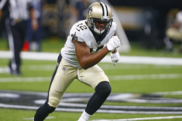 New Orleans Saints wide receiver Rishard Matthews (12) comes off the line in the second half of an NFL preseason football game against the Minnesota Vikings in New Orleans, Friday, Aug. 9, 2019. (AP Photo/Butch Dill)