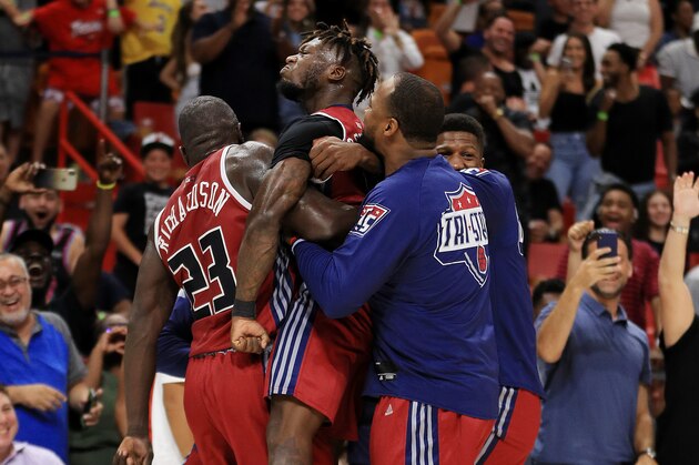 MIAMI, FLORIDA - AUGUST 10:  Nate Robinson #11 of Tri-State celebrates with teammates after hitting a three pointer to win the game against the Power during week eight of the BIG3 three on three basketball league at AmericanAirlines Arena on August 10, 2019 in Miami, Florida. (Photo by Mike Ehrmann/BIG3 via Getty Images)
