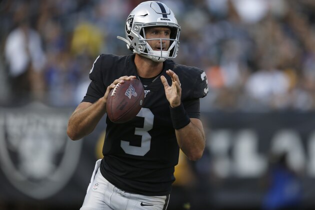 Oakland Raiders' Nathan Peterman during the second half of an NFL football game against the Los Angeles Rams Saturday, Aug. 10, 2019, in Oakland, Calif. (AP Photo/D. Ross Cameron)