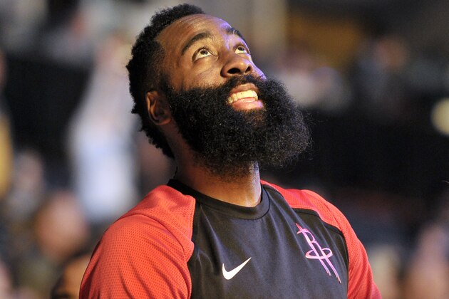 Houston Rockets guard James Harden stands on the court before an NBA basketball game against the Memphis Grizzlies Wednesday, March 20, 2019, in Memphis, Tenn. (AP Photo/Brandon Dill)