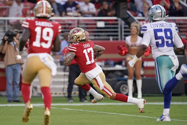SANTA CLARA, CA - AUGUST 10:  Jalen Hurd #17 of the San Francisco 49ers catches a pass and races towards the endzone against the Dallas Cowboys in the second quarter of a preseason NFL football game at Levi's Stadium on August 10, 2019 in Santa Clara, California. Hurd scored a touchdown on the play. (Photo by Thearon W. Henderson/Getty Images)