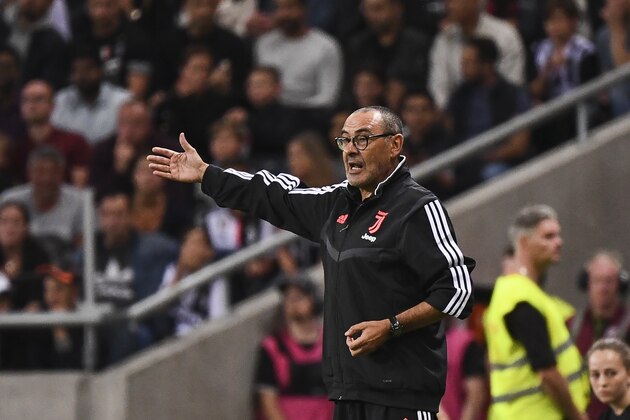 Juventus' head coach Maurizio Sarri reacts during the International Champions Cup football match between Atletico Madrid v Juventus on August 10, 2019 in Solna outside Stockholm, Sweden. (Photo by Jonathan NACKSTRAND / AFP)        (Photo credit should read JONATHAN NACKSTRAND/AFP/Getty Images)