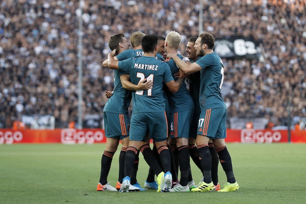(L-R) Joel Veltman of Ajax, Perr Schuurs of Ajax, Lisandro Martinez of Ajax, Hakim Ziyech of Ajax, Noussair Mazraoui of Ajax, Donny van de Beek of Ajax, Dusan Tadic of Ajax, Daley Blind of Ajax during the UEFA Champions League third round qualifying first leg match between PAOK FC and Ajax Amsterdam at Toumba stadium on August 06, 2019 in Thessaloniki, Greece(Photo by VI Images via Getty Images)