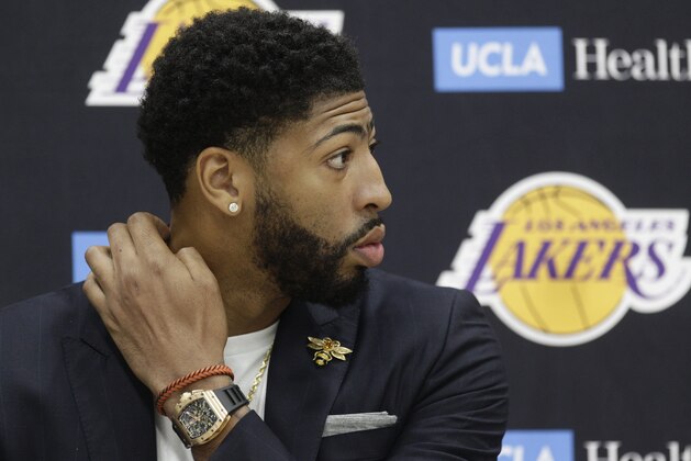 Los Angeles Lakers NBA basketball players, Anthony Davis is introduced at a news conference at the UCLA Health Training Center in El Segundo, Calif., Saturday, July 13, 2019. (AP Photo/Damian Dovarganes)