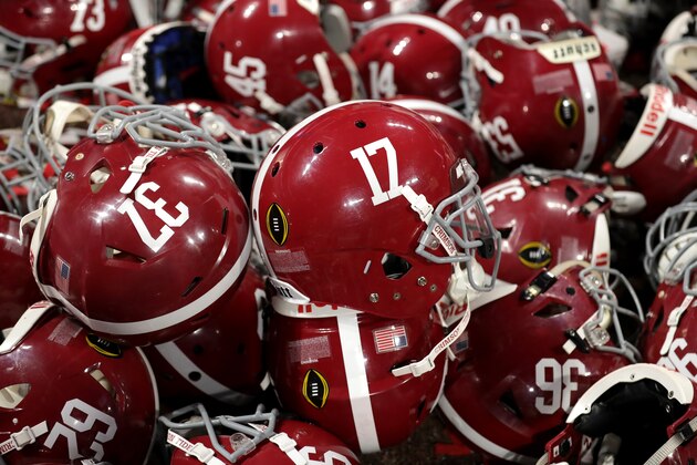 ATLANTA, GA - JANUARY 08: A detailed view of Alabama Crimson Tide helmets in a pile during the celebration after the CFP National Championship presented by AT&T at Mercedes-Benz Stadium on January 8, 2018 in Atlanta, Georgia. Alabama won 26-23.  (Photo by Streeter Lecka/Getty Images)