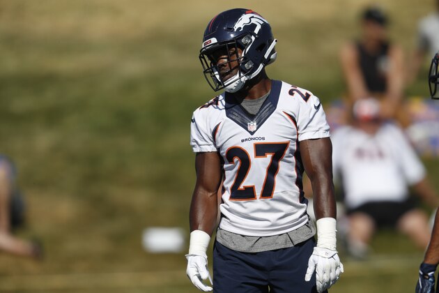 Denver Broncos running back Theo Riddick (27) takes part in drills during an NFL football training camp session Tuesday, Aug. 6, 2019, in Englewood, Colo. (AP Photo/David Zalubowski)