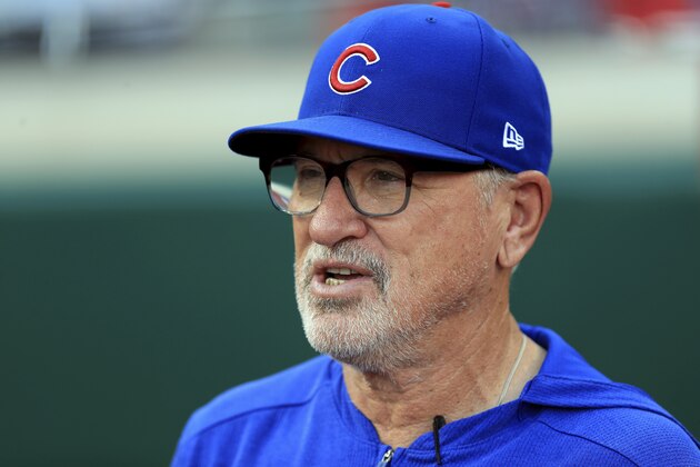 Chicago Cubs' manager Joe Maddon (70) during a baseball game against the Cincinnati Reds, Saturday, Aug. 10, 2019, in Cincinnati. The Reds won 10-1. (AP Photo/Aaron Doster)