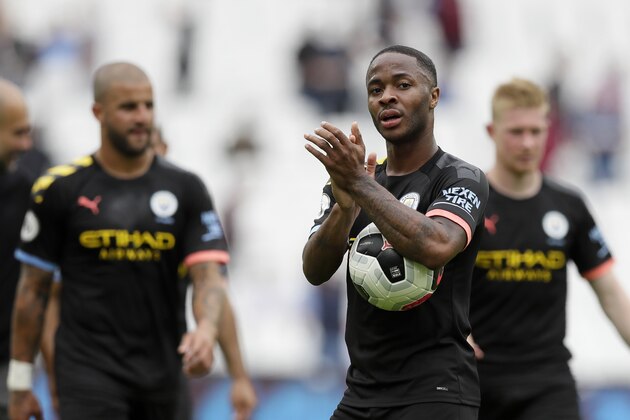 Manchester City's Raheem Sterling applauds at the end of the English Premier League soccer match between West Ham United and Manchester City at London stadium in London, Saturday, Aug. 10, 2019. Sterling scored three goals in Manchester City's 5-0 win. (AP Photo/Kirsty Wigglesworth)
