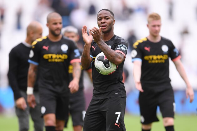 LONDON, ENGLAND - AUGUST 10: Raheem Sterling of Manchester City applauds the fans after scoring a hat trick during the Premier League match between West Ham United and Manchester City at London Stadium on August 10, 2019 in London, United Kingdom. (Photo by Laurence Griffiths/Getty Images)