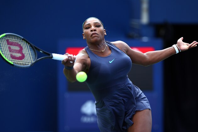 TORONTO, ON - AUGUST 11:  Serena Williams of the United States hits a shot against Bianca Andreescu of Canada during the final match on Day 9 of the Rogers Cup at Aviva Centre on August 11, 2019 in Toronto, Canada.  (Photo by Vaughn Ridley/Getty Images)