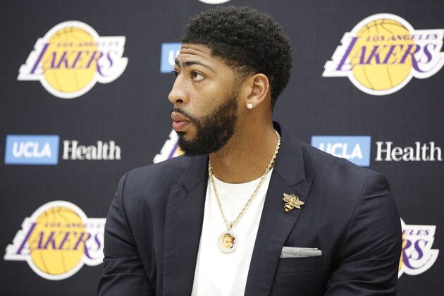 Los Angeles Lakers NBA basketball team introduce Anthony Davis at a news conference at the UCLA Health Training Center in El Segundo, Calif., Saturday, July 13, 2019 (AP Photo/Damian Dovarganes)