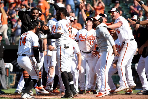 BALTIMORE, MD - AUGUST 11: Rio Ruiz #14 of the Baltimore Orioles is congratulated by teammates after hitting a walk-off home run during the ninth inning against the Houston Astros at Oriole Park at Camden Yards on August 11, 2019 in Baltimore, Maryland. (Photo by Will Newton/Getty Images)