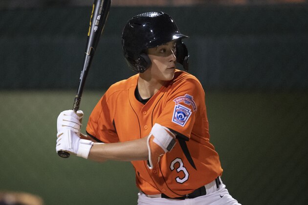 Oregon's Gavin Price during a Little League regional tournament baseball game, Monday, Aug. 5, 2019, in San Bernardino, Calif. (AP Photo/Kyusung Gong)