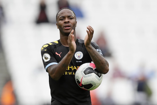 Manchester City's Raheem Sterling applauds at the end of the English Premier League soccer match between West Ham United and Manchester City at London stadium in London, Saturday, Aug. 10, 2019. Sterling scored three goals in Manchester City's 5-0 win. (AP Photo/Kirsty Wigglesworth)