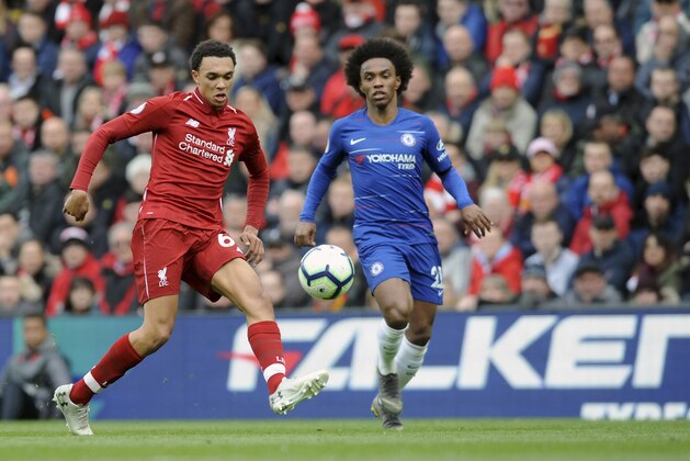 Liverpool's Trent Alexander-Arnold, left, kicks the ball by Chelsea's Willian during the English Premier League soccer match between Liverpool and Chelsea at Anfield stadium in Liverpool, England, Sunday, April 14, 2019. (AP Photo/Rui Vieira)