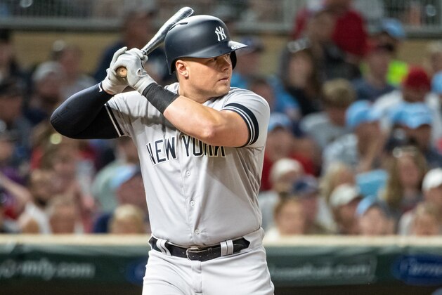 MINNEAPOLIS, MN - JULY 22: Luke Voit #45 of the New York Yankees bats against the Minnesota Twins on July 22, 2019 at the Target Field in Minneapolis, Minnesota. The Twins defeated the Yankees 8-6. (Photo by Brace Hemmelgarn/Minnesota Twins/Getty Images)