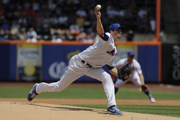 New York Mets' Jacob deGrom during the first inning of a baseball game against the Washington Nationals Sunday, Aug. 11, 2019, in New York. (AP Photo/Frank Franklin II)