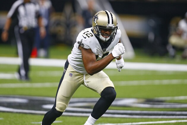New Orleans Saints wide receiver Rishard Matthews (12) comes off the line in the second half of an NFL preseason football game against the Minnesota Vikings in New Orleans, Friday, Aug. 9, 2019. (AP Photo/Butch Dill)