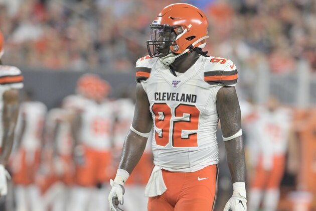 Cleveland Browns defensive end Chad Thomas stands on the field during an NFL preseason football game against the Washington Redskins, Thursday, Aug. 8, 2019, in Cleveland. Cleveland won 30-10. (AP Photo/David Richard)